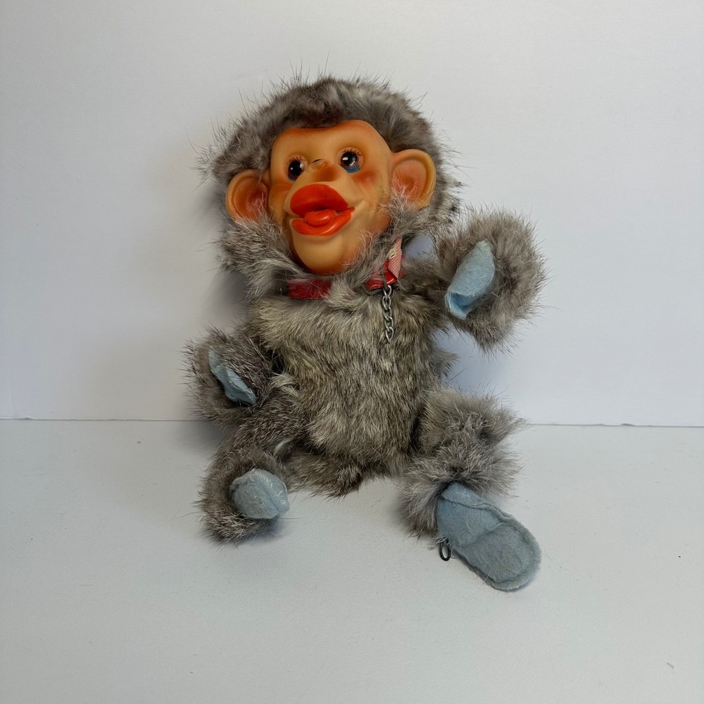 Vintage Monkey Plush Toy Small Gray Real Fur Rubber Face MCM Kitsch Collectible - Picture 8 of 8